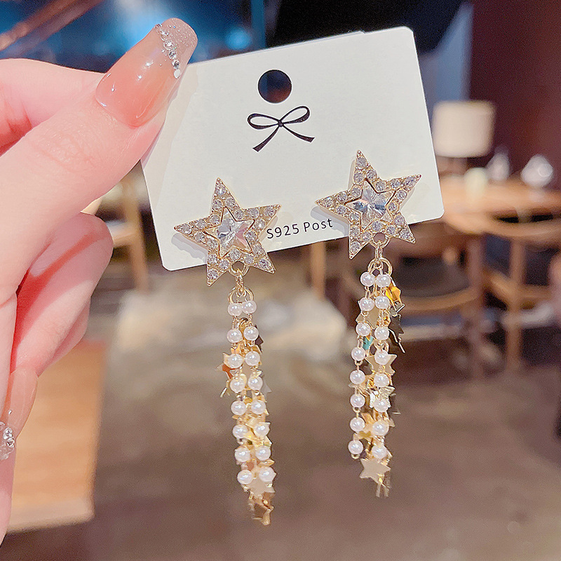 925 Silver Needle Super Sparkling Five-pointed Star Earrings, versatile for women, tassel pearl earrings, Korean style, trendy earrings details Picture
