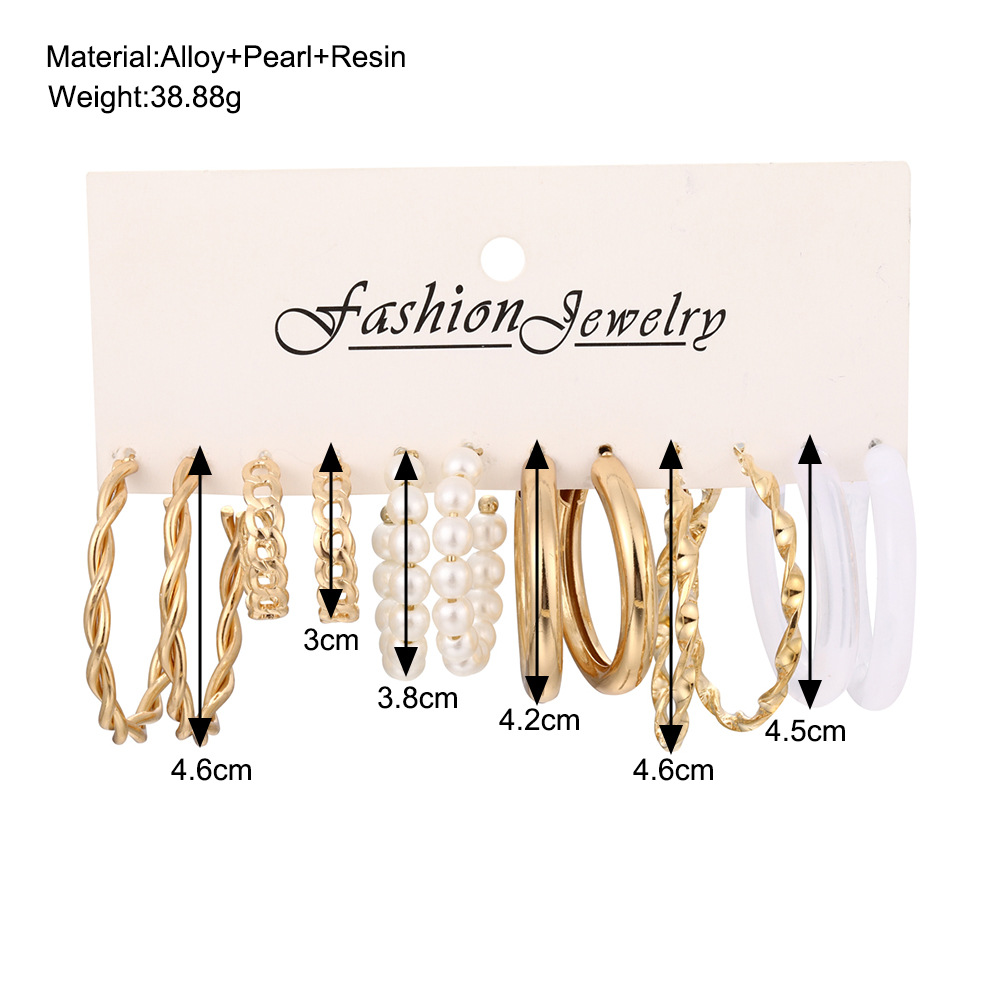 A new cross-border bestseller, fashionable and retro style, 6-piece set of C-shaped golden circle resin imitation pearl earrings details Picture