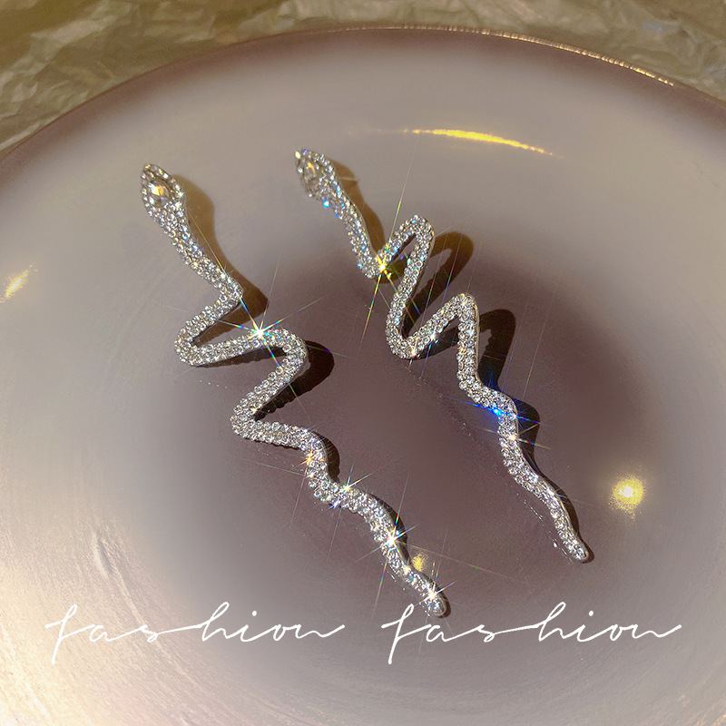 Copper micro-inlaid European and American cold style snake-shaped full diamond earrings for women, exaggerated personality, trendy and cool temperament, long and niche stud earrings details Picture