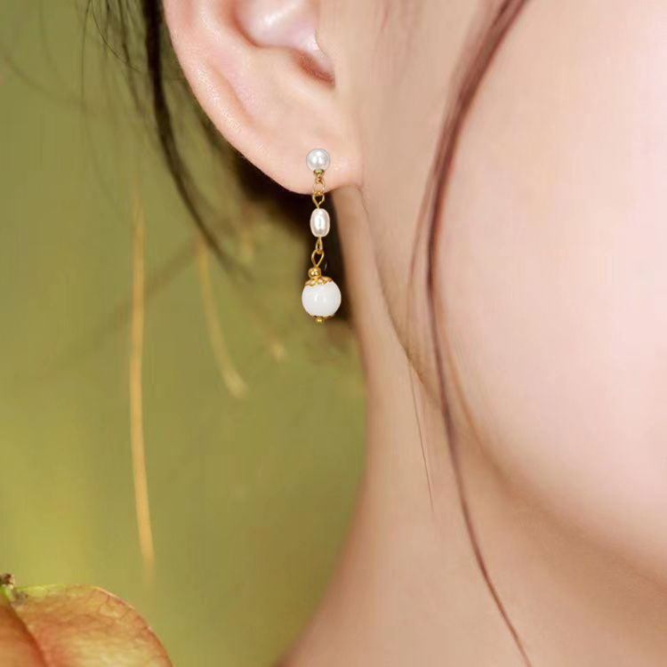 Imitation pearl earrings, women's retro Hanfu white jade earrings, elegant new trendy pearl droplet Xiuhe earrings Application Scenario