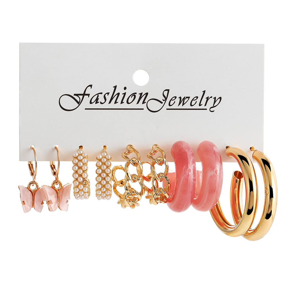 Creative and simple pink acrylic C-shaped chain earrings, a new cross-border pearl butterfly earring set of 5 pieces Item Picture
