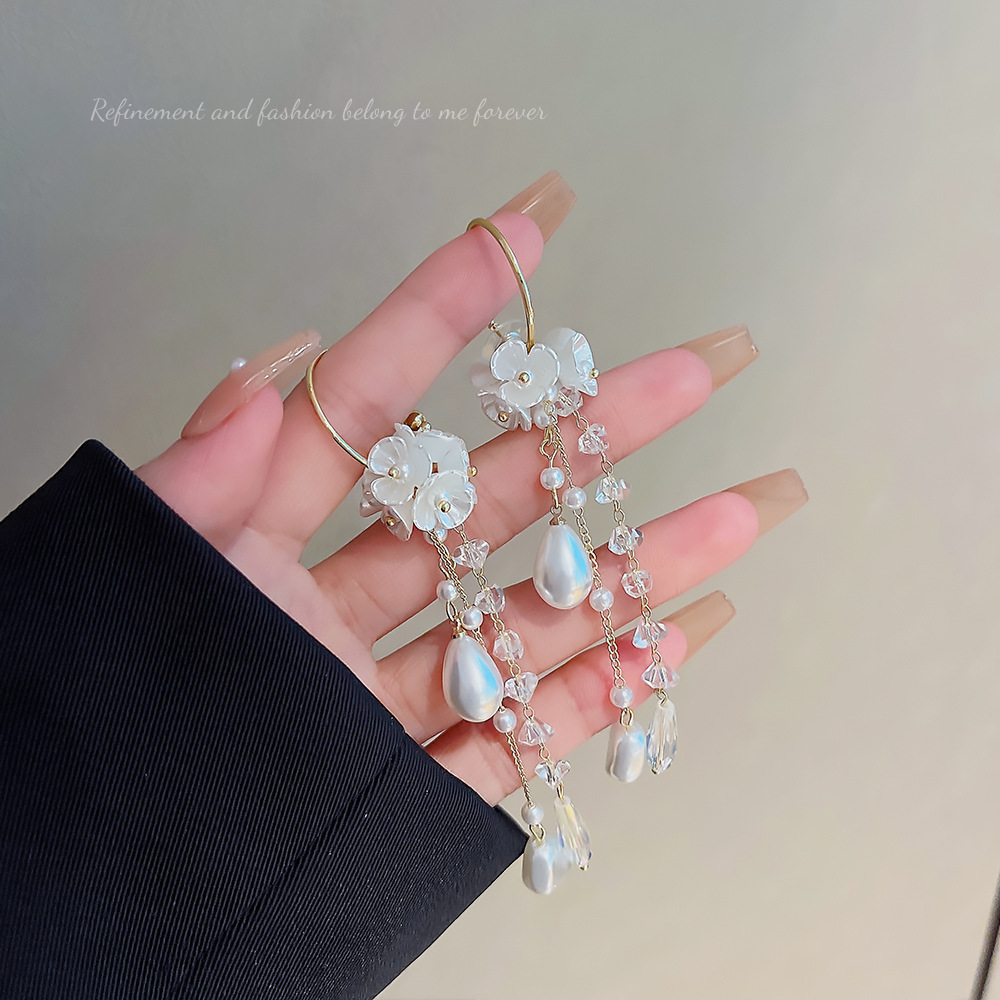 S925 Silver Needle Korean version Super Fairy Irregular pearl flower tassel earrings, exaggerated and fashionable, shining Zircon long chain earrings details Picture