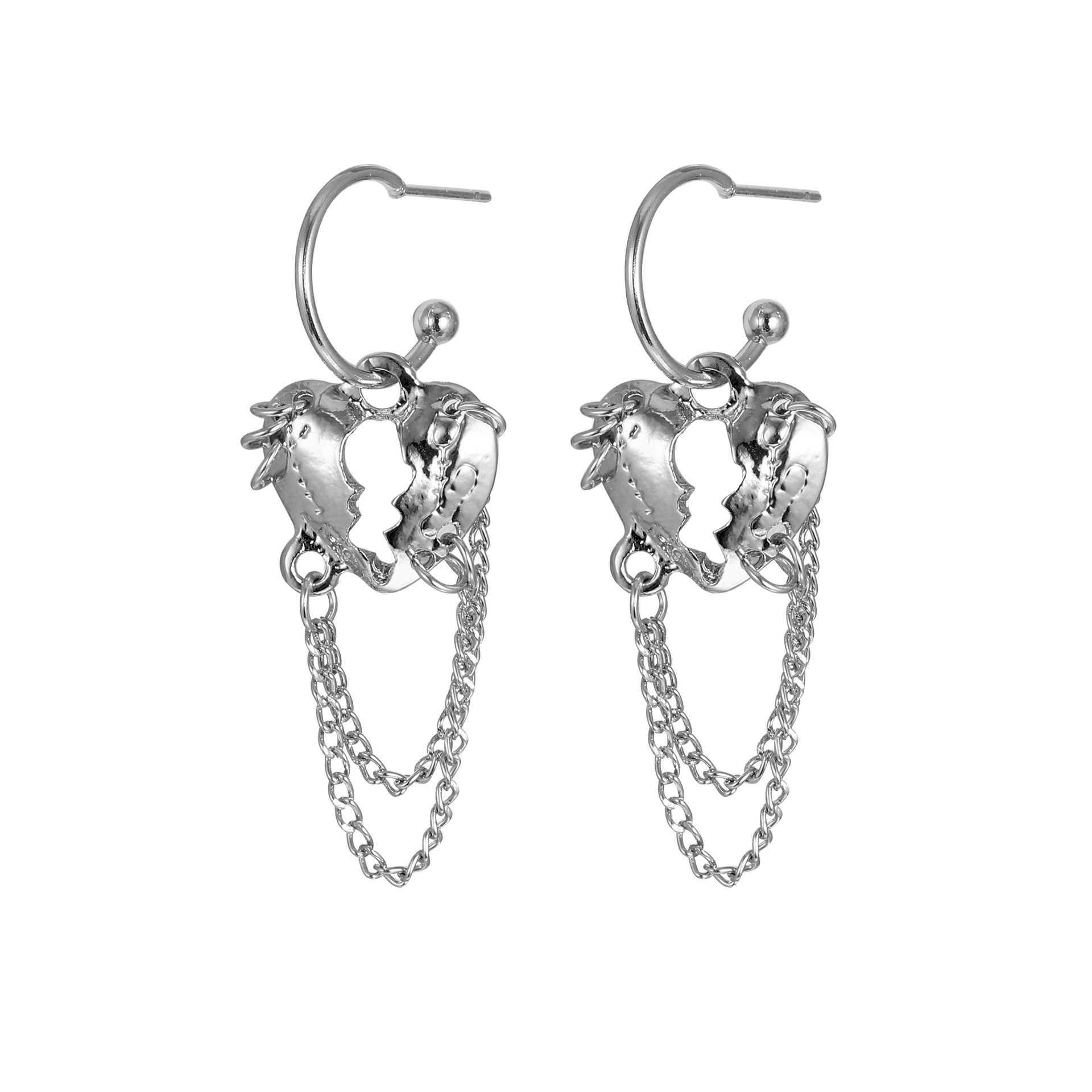 Cross-border creative retro design sense female split chain heart-shaped earrings, sweet and cool girl tassel stud earrings, metal ear buckles Item Picture
