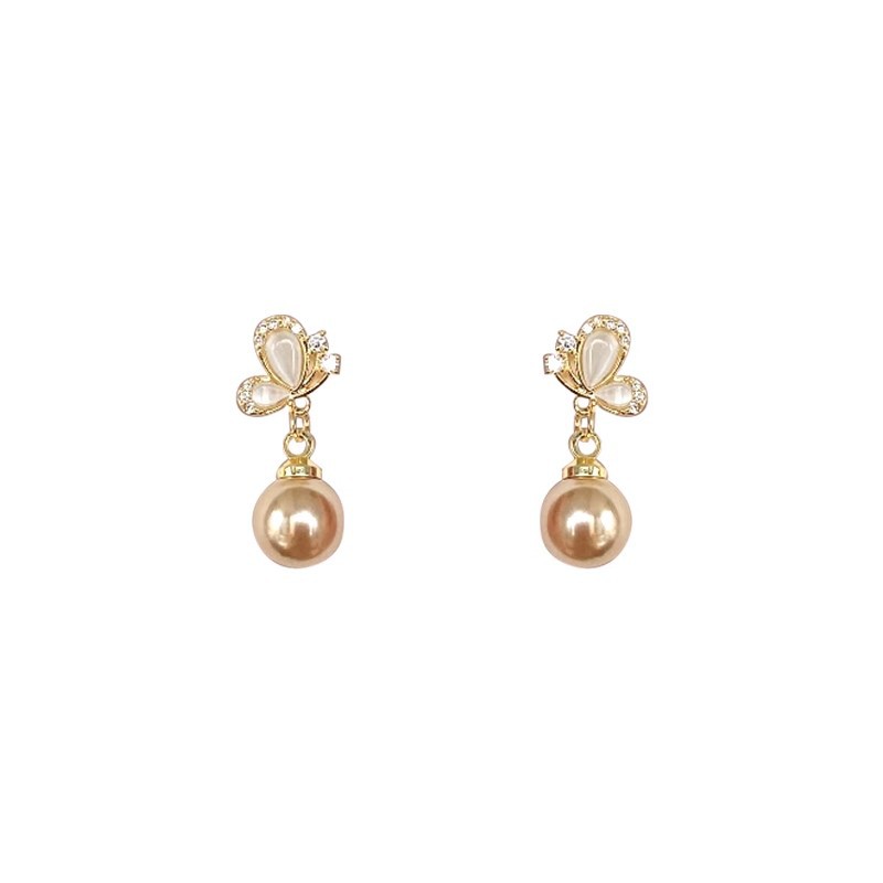 French butterfly champagne-colored pearl earrings for women, exquisite and unique commuter style earrings, a new bestseller in 2025 Item Picture