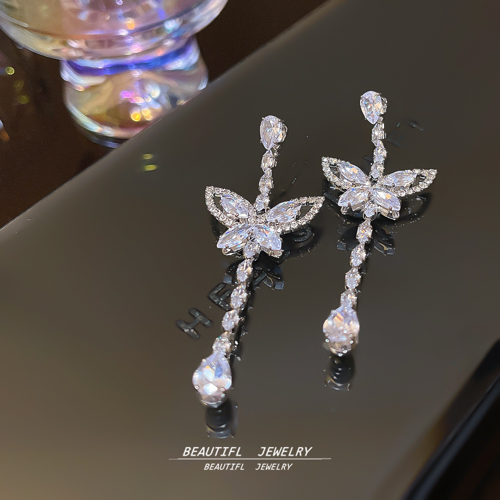 Fashionable and elegant, super sparkling tassel earrings, light luxury and high-end feel, butterfly stud earrings, 925 silver needle, elegant and versatile earrings for women details Picture