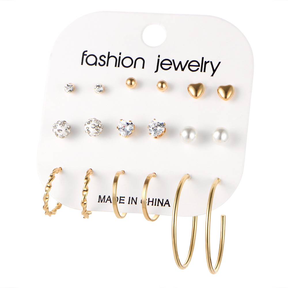 European and American cross-border wish Rock exaggerated metal ear ring 9-piece set, ear stud set, crystal earring combination for women Specification drawing