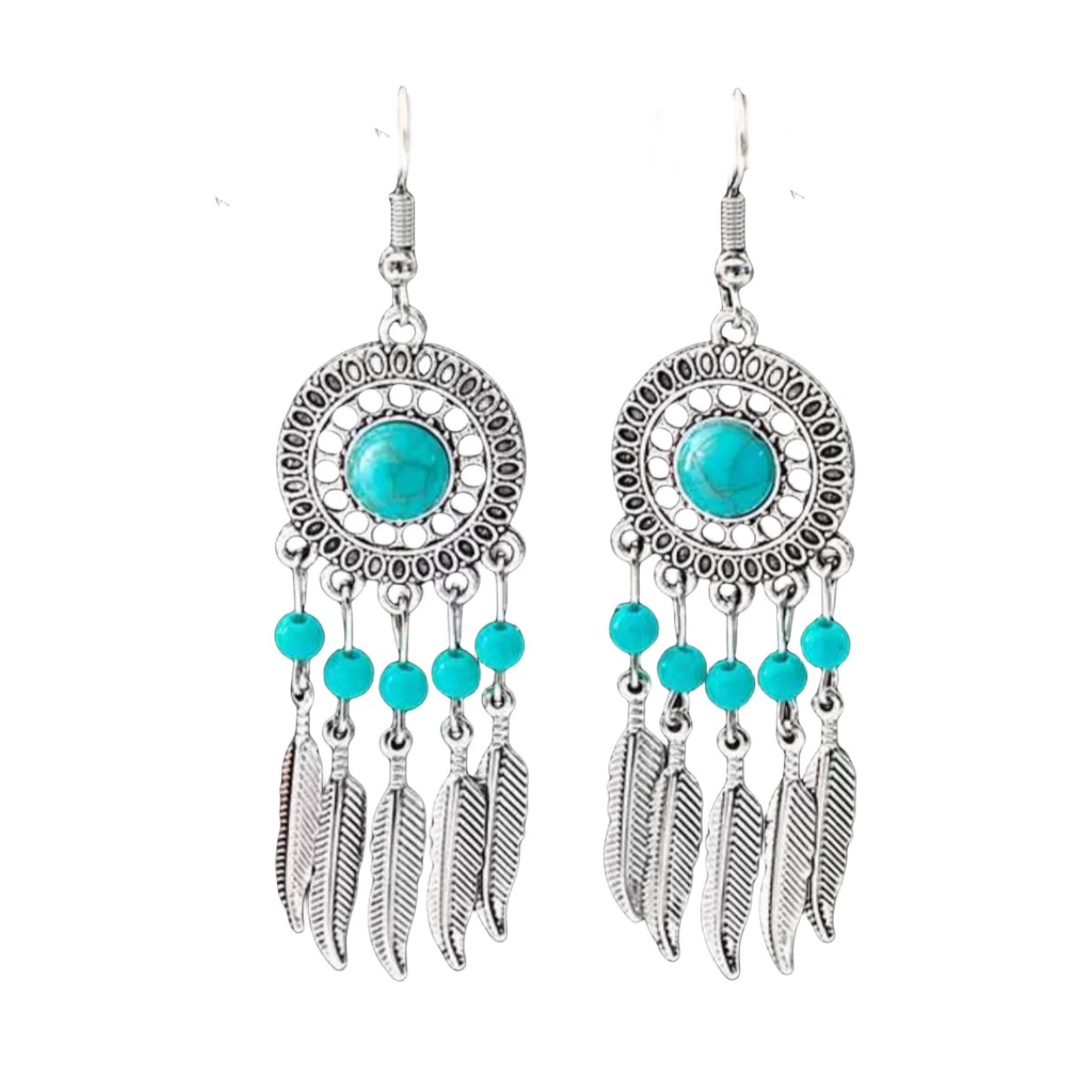 Exotic Dreamcatcher ~ Retro Ethnic style Miao silver tassel earrings, Bohemian turquoise earrings and accessories for women Item Picture