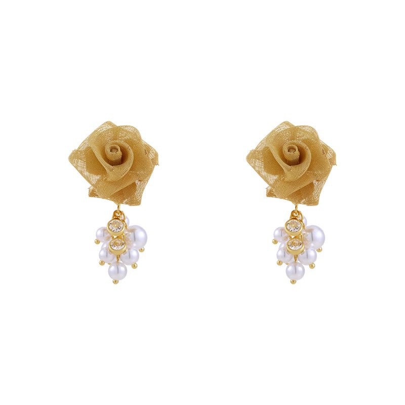 Yellow mesh pearl tassel flower earrings for women, 2025 new style, high-end, niche stud earrings, unique summer earrings Item Picture