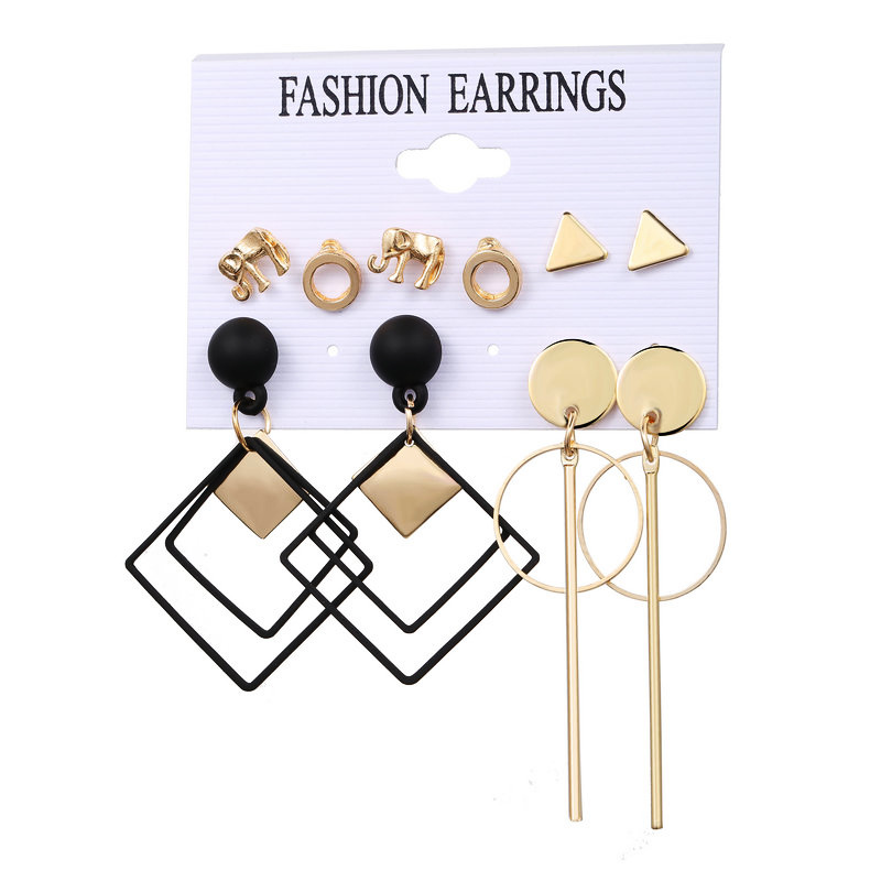 New cross-border elephant-shaped rhombic ring stud earring set of 5 pairs, creative retro and simple alloy earrings for women Item Picture