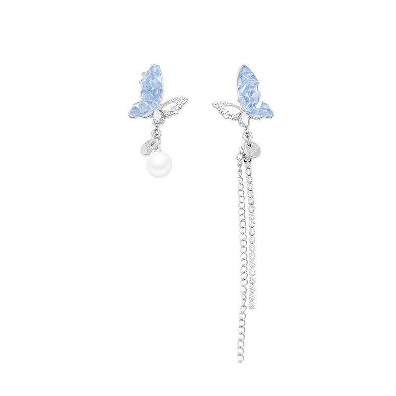 Asymmetrical butterfly crystal pearl tassel earrings, high-end and elegant new earrings S925 silver needle stud earrings for women Item Picture