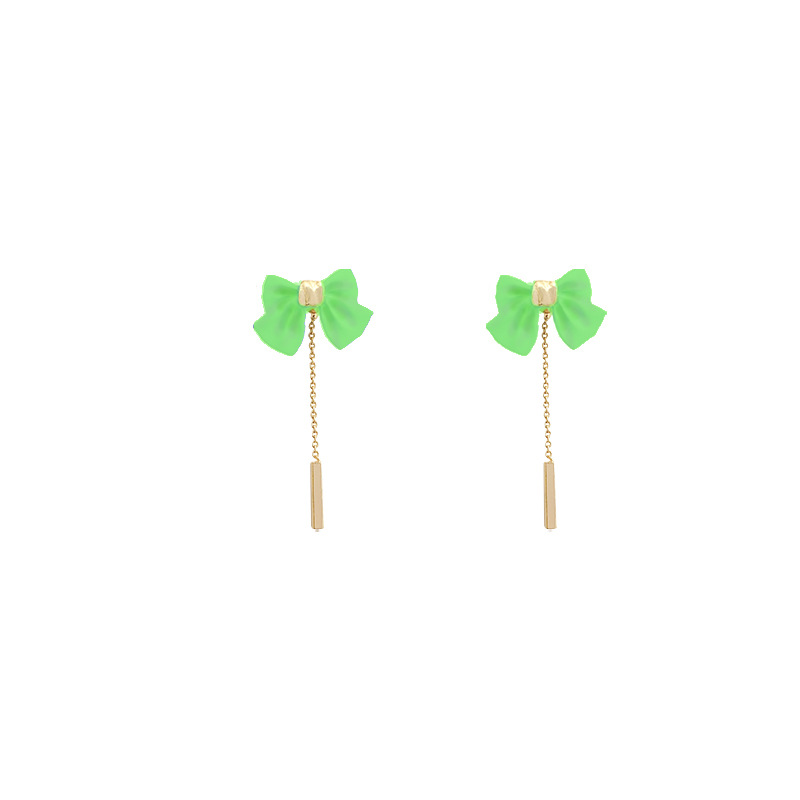 Bow earrings, versatile long tassel stud earrings, green forest-themed exquisite and fashionable earrings for women, 925 silver needle wholesale Item Picture
