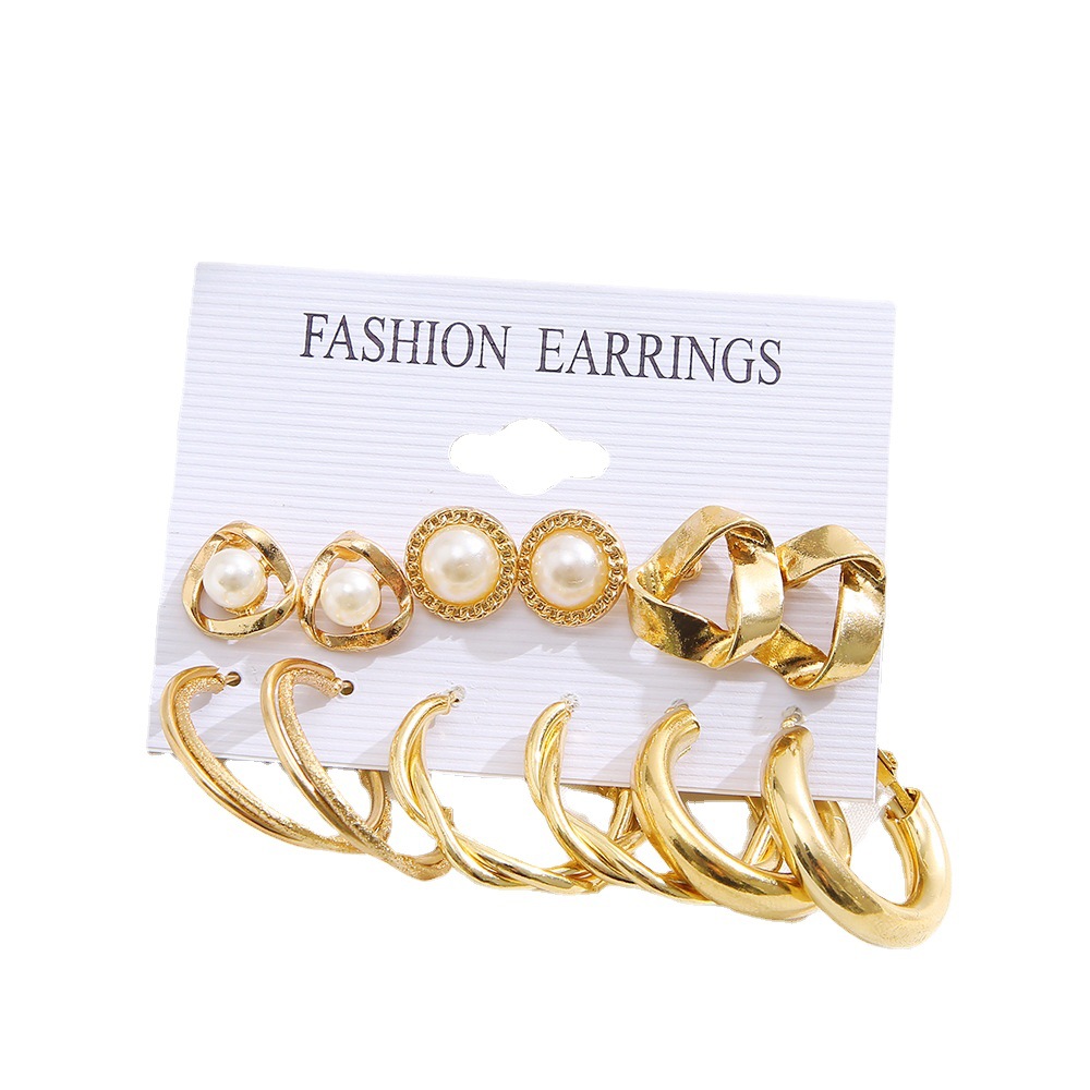 A new set of 6-piece earrings with a light luxury and high-end feel, featuring European and American golden geometric point diamond earrings Item Picture