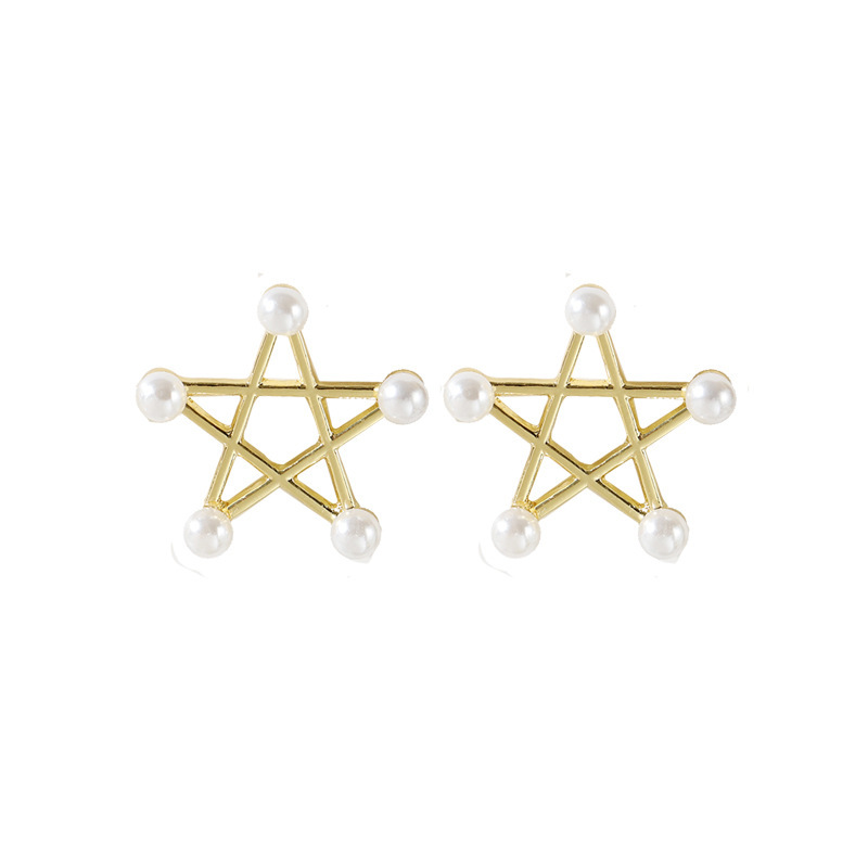 S925 Silver Needle Korean style simple five-pointed star pearl sweet girl Versatile stud earrings Item Picture