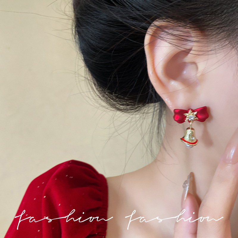 Christmas silver needle diamond-encrusted snowflake bell pearl stud earrings with a light luxury design, red bow New Year earrings Application Scenario