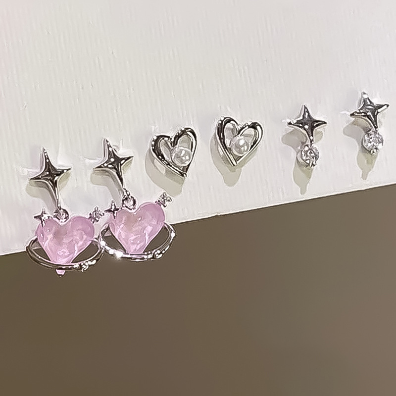 Cross-border bestseller, stylish and high-end pink heart-shaped star-tipped six-piece stud earrings, ins niche, simple and fashionable stud earrings full figure