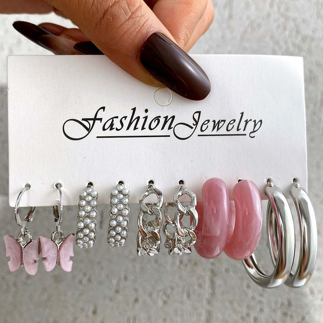 Creative and simple pink acrylic C-shaped chain earrings, a new cross-border pearl butterfly earring set of 5 pieces full figure