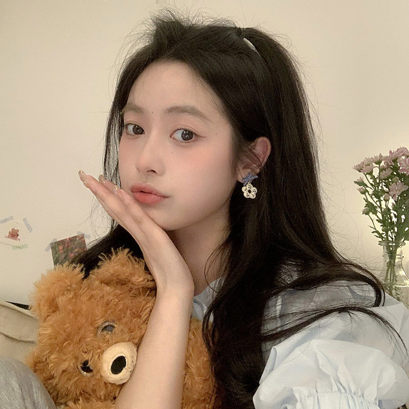 925 Silver needle purple bow flower stud earrings, sweet and cute Japanese and Korean style, niche design sense earrings and earrings details Picture