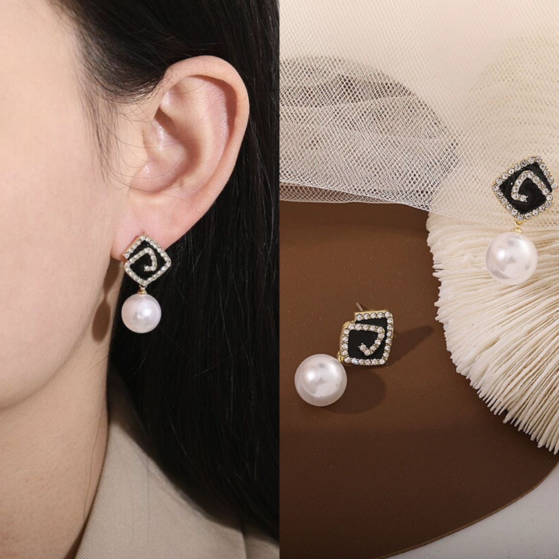 S925 Silver Needle Japanese and Korean style light Luxury Exquisite geometric pearl earrings, fashionable and trendy ladylike earrings wholesale Application Scenario