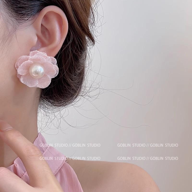 Super ethereal flower earrings, 2025 new bestseller stud earrings, women's high-end mesh fabric niche design earrings and pendants Specification drawing
