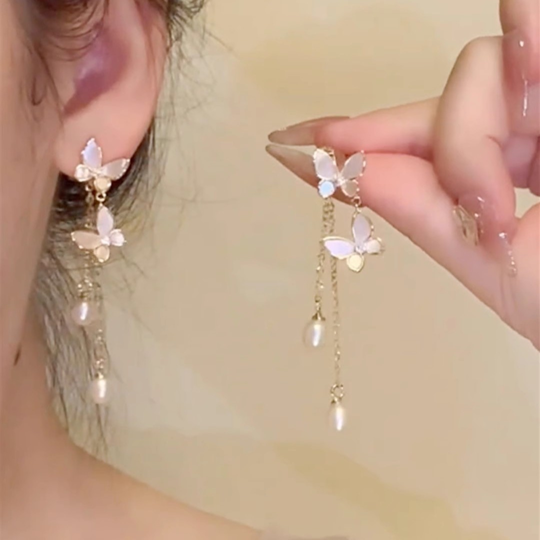 Pearl earrings, women's spring and summer butterfly long tassel earrings, niche high-end light luxury earrings, earrings, stud accessories Specification drawing
