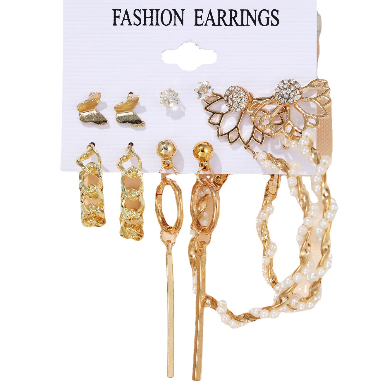 A set of 6 pairs of creative hollowed-out butterfly geometric tassel earrings imitating pearl with cross-border chains from Europe and America Item Picture
