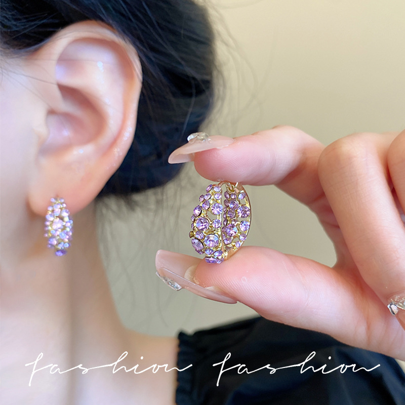 Purple full-diamond zircon earrings for women, a new 2024 bestseller. The ear rims are unique and fashionable, with a light luxury and high-end feel details Picture
