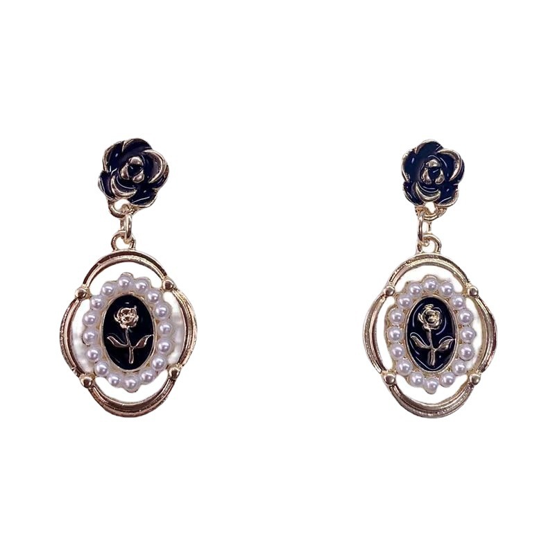 S925 Silver Needle Forest-themed French retro pearl rose earrings, a light luxury geometric oil drip hollowed-out earrings Item Picture