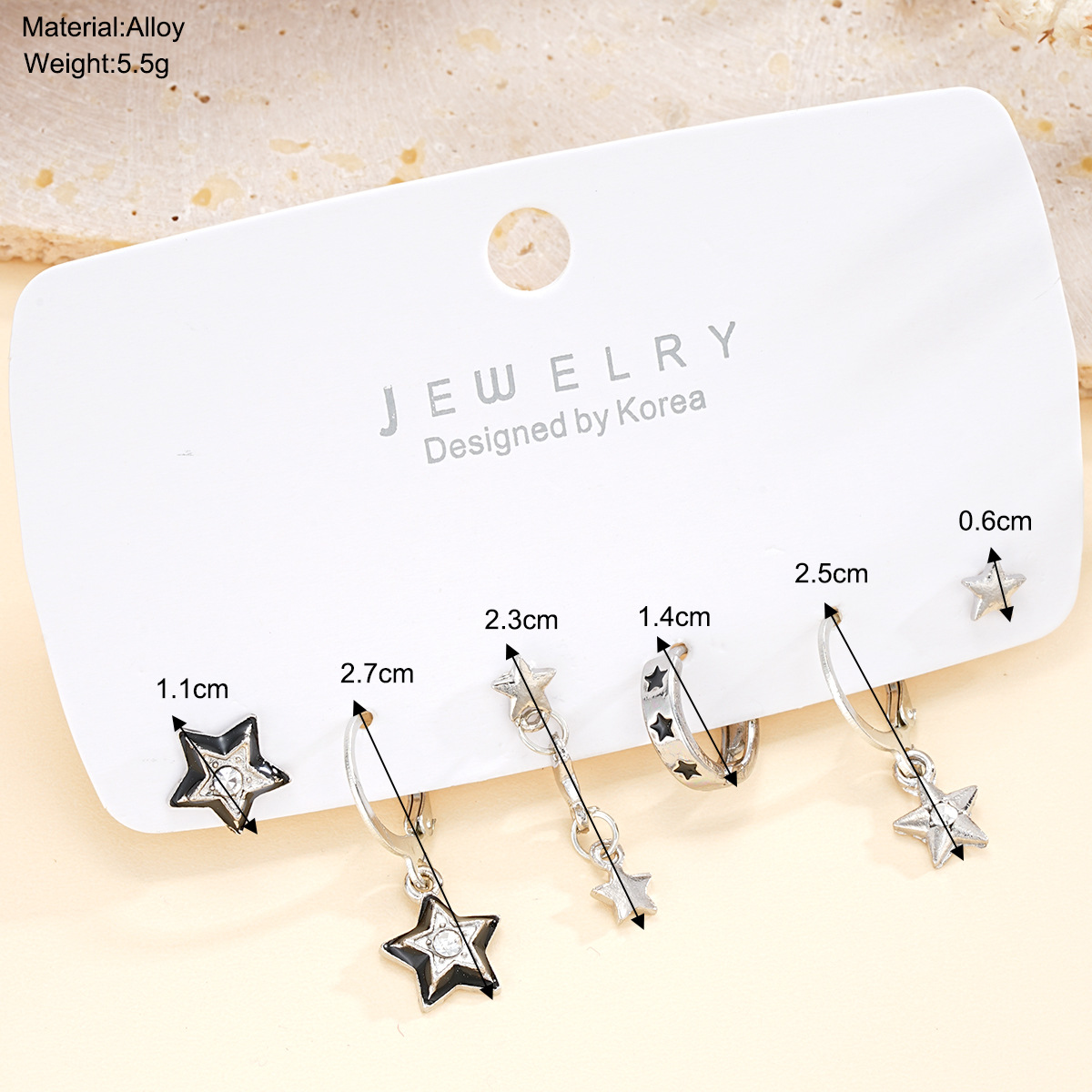 A new cross-border European and American sweet and cool style simple water diamond five-pointed star earrings and dark star ear buckle set of 6 pieces Specification drawing