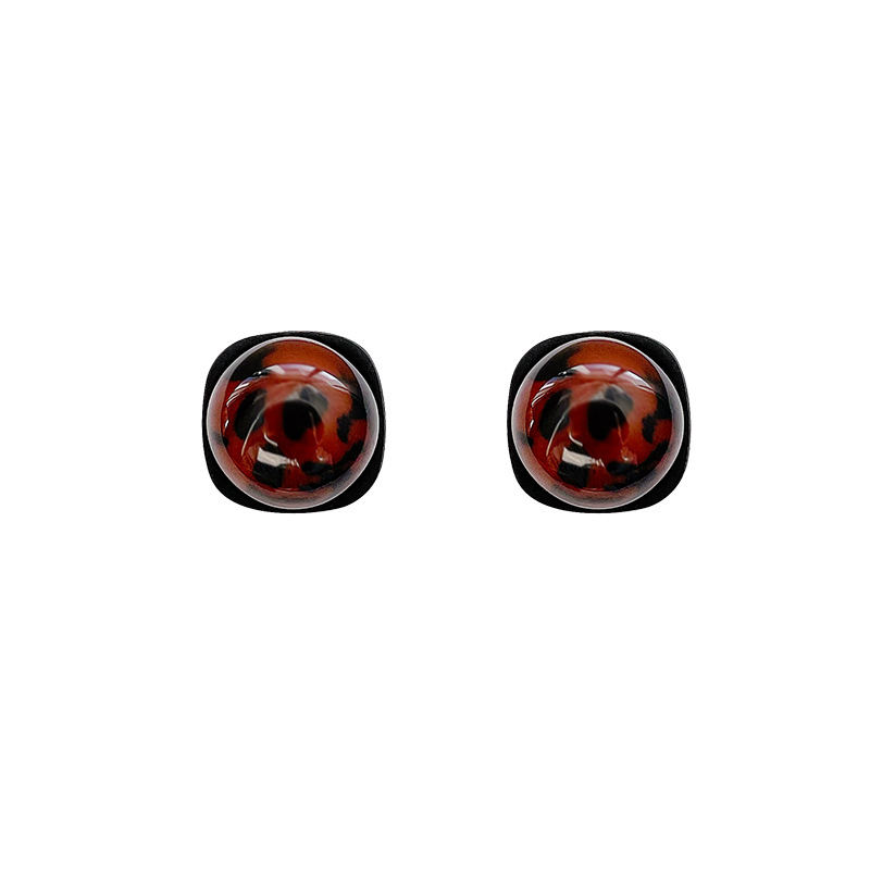 Wine red leopard print square silver needle stud earrings for women, 2025 new autumn and winter retro earrings, fashionable and elegant, versatile earrings Item Picture