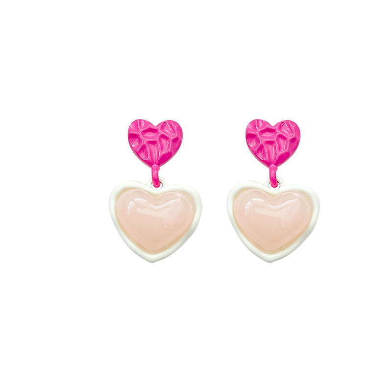 S925 Silver Needle, fresh and sweet candy-colored heart-shaped earrings, versatile and cute for women, double heart-shaped stud earrings, the same style of earrings as Internet celebrities Item Picture