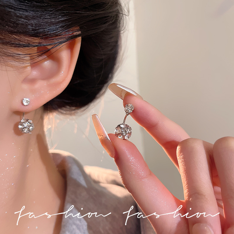 925 Silver Needle Full Diamond Super Shiny Light Luxury stud earrings, niche high-end feel, delicate back-hanging earrings, small and elegant earrings full figure