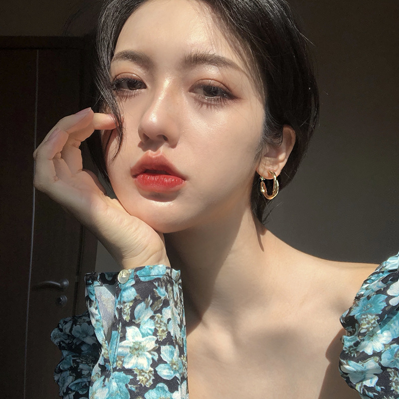 Metal twist earrings with a sense of design, a French retro and cold style for women, fashionable ear buckles, trendy and niche circle earrings with a cool temperament details Picture