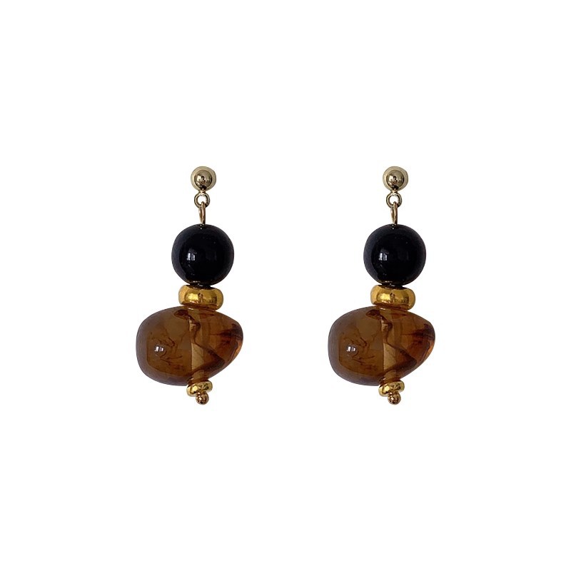 French retro amber earrings with a feminine high-end feel, acrylic beaded stud earrings, new Chinese-style Hong Kong-style fashionable earrings Item Picture