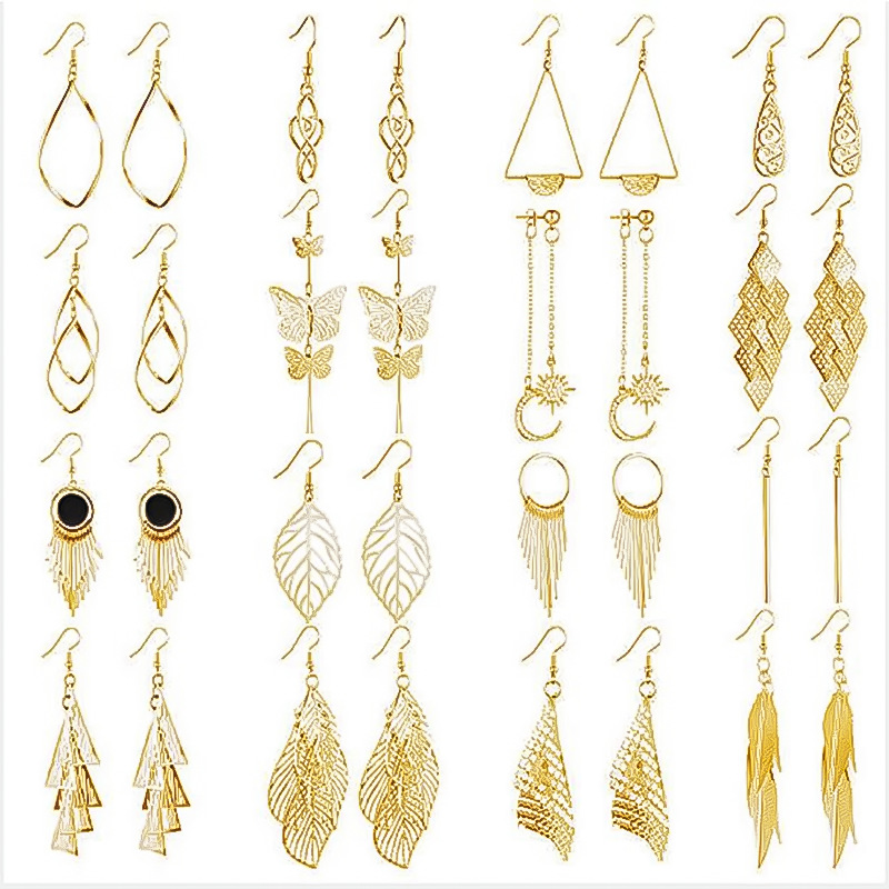 A 16-piece set of cross-border fashion retro leaf butterfly earrings with creative and personalized hollowed-out tassel stud earrings full figure