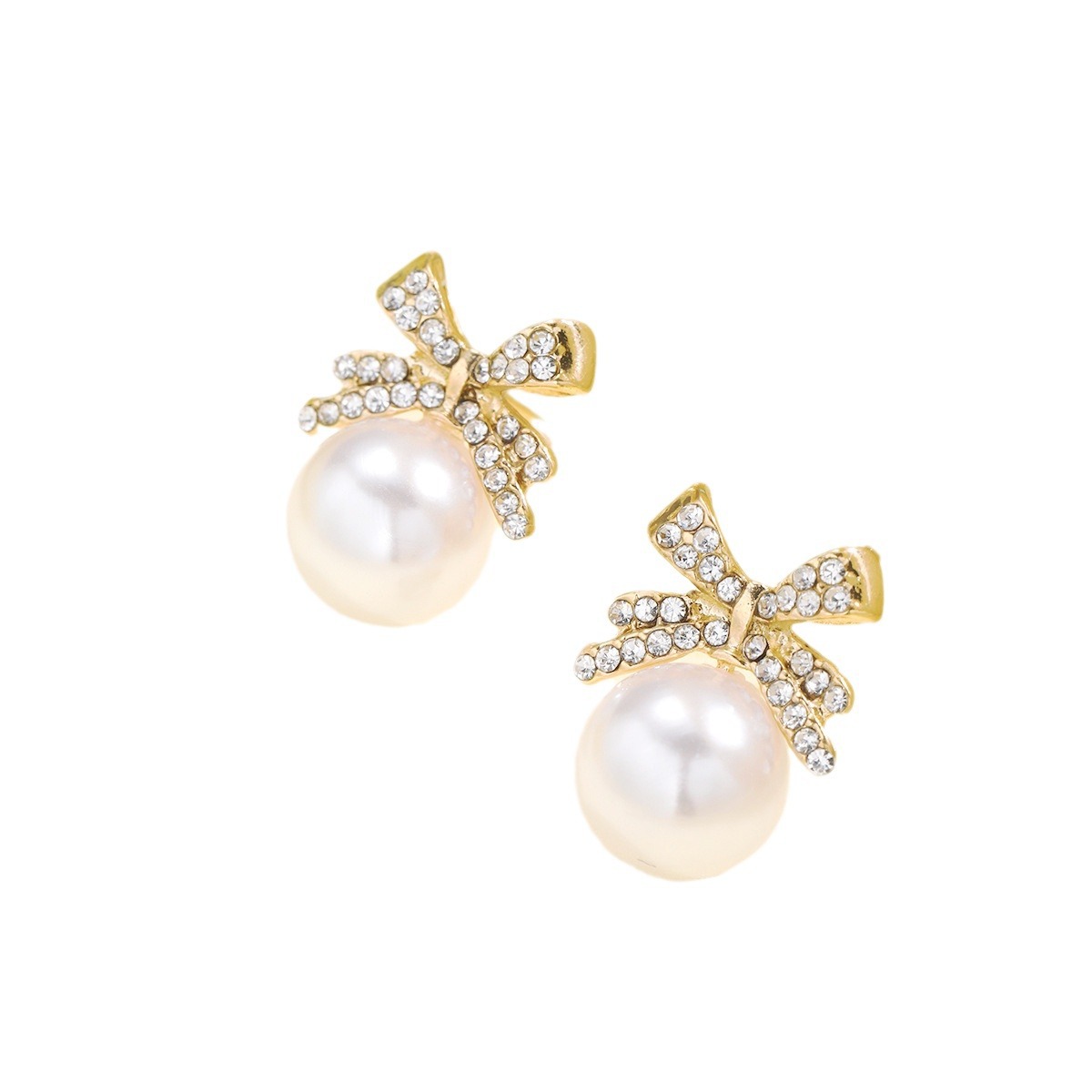 Cross-border best-selling bow, sparkling diamond, retro imitation pearl stud earrings for women, creative and high-end look, elegant and exquisite earrings Item Picture