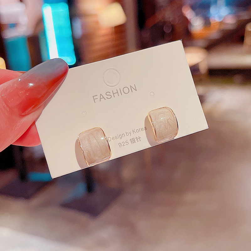 S925 Silver Needle Korean version new design sense glazed white earrings, feminine white temperament geometric stud earrings details Picture