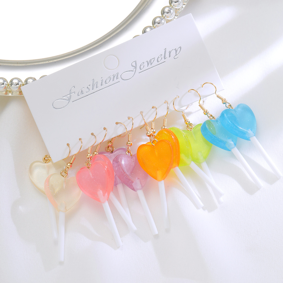 New cross-border European and American style dopamine girlish personality candy-colored lollipop earrings heart-shaped long earrings Specification drawing