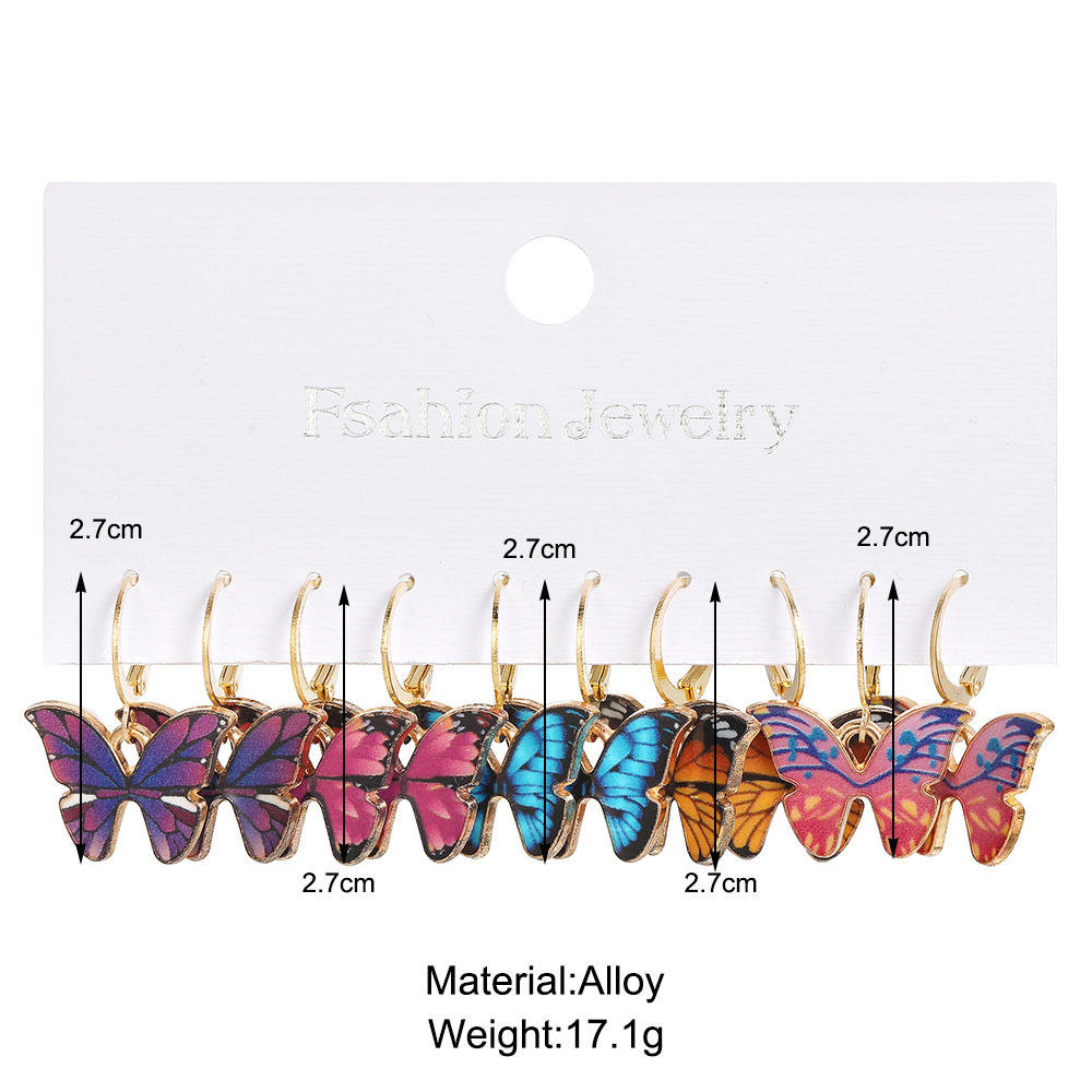 Wholesale of 5-piece new oil-dripping colored butterfly earrings set for foreign trade, European and American creative retro butterfly earrings Specification drawing