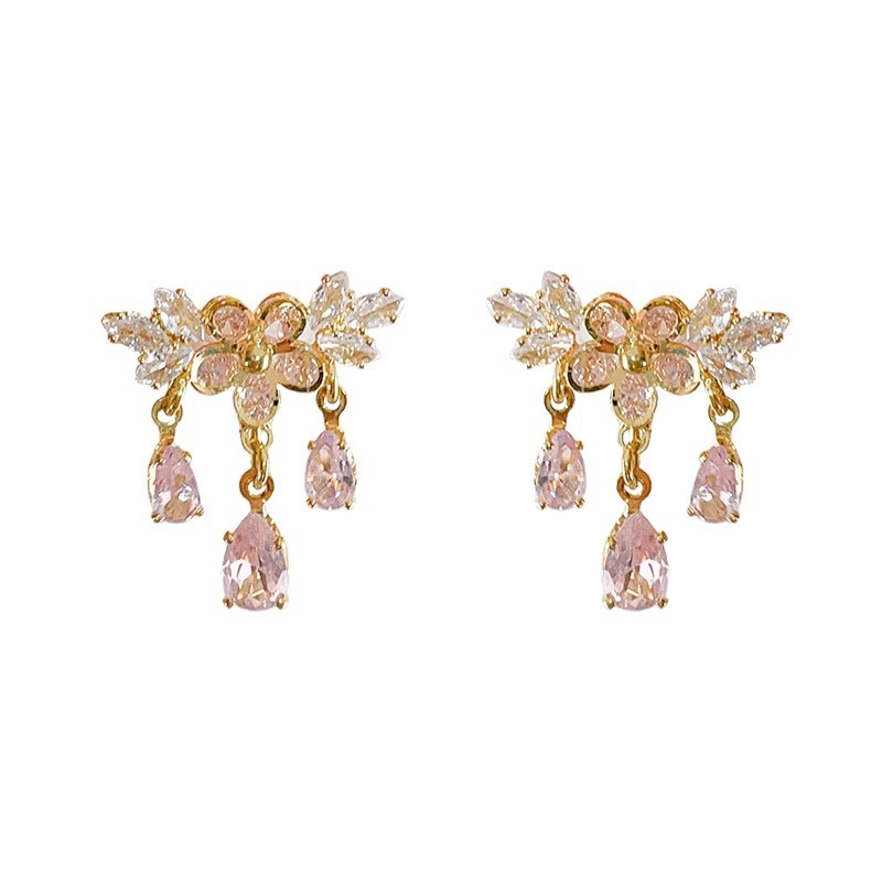 Pink sparkling diamond flower ear studs, gentle, exquisite, light luxury, niche and high-end earrings, Korean style trendy earrings wholesale Item Picture