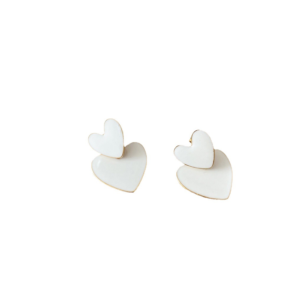 White double-layer oil-dripping heart-shaped earrings from Europe and America, heart-shaped earrings, creative cross-border style, simple and elegant, for women Item Picture