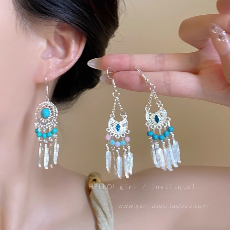Exotic Dreamcatcher ~ Retro Ethnic style Miao silver tassel earrings, Bohemian turquoise earrings and accessories for women full figure