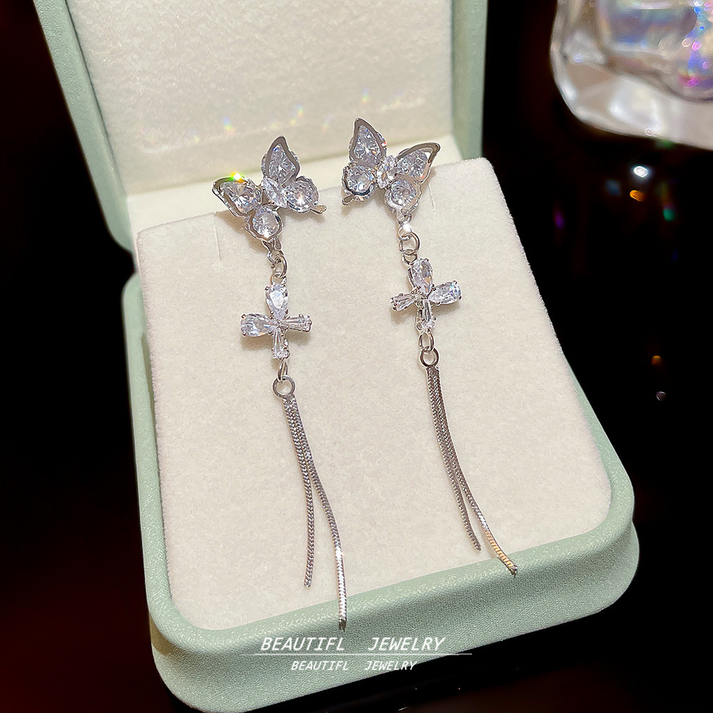 Exquisite zircon butterfly long earrings with a light luxury and high-end feel, 925 silver needle, niche and fashionable tassel earrings for women details Picture