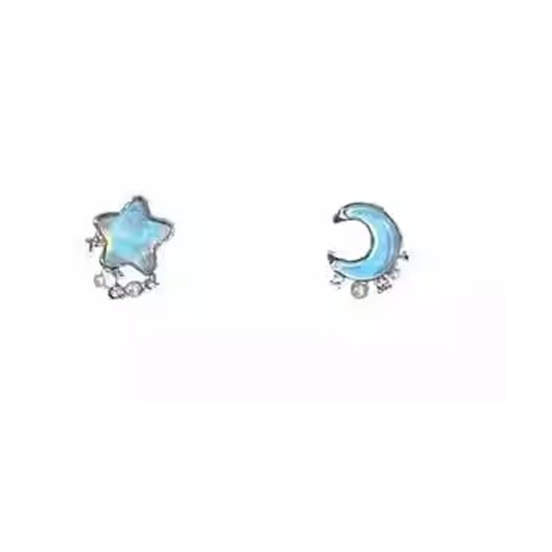 Japanese and Korean style blue star and moon pearl stud earrings, women's niche design sense asymmetrical light luxury earrings S925 silver needle earrings Item Picture