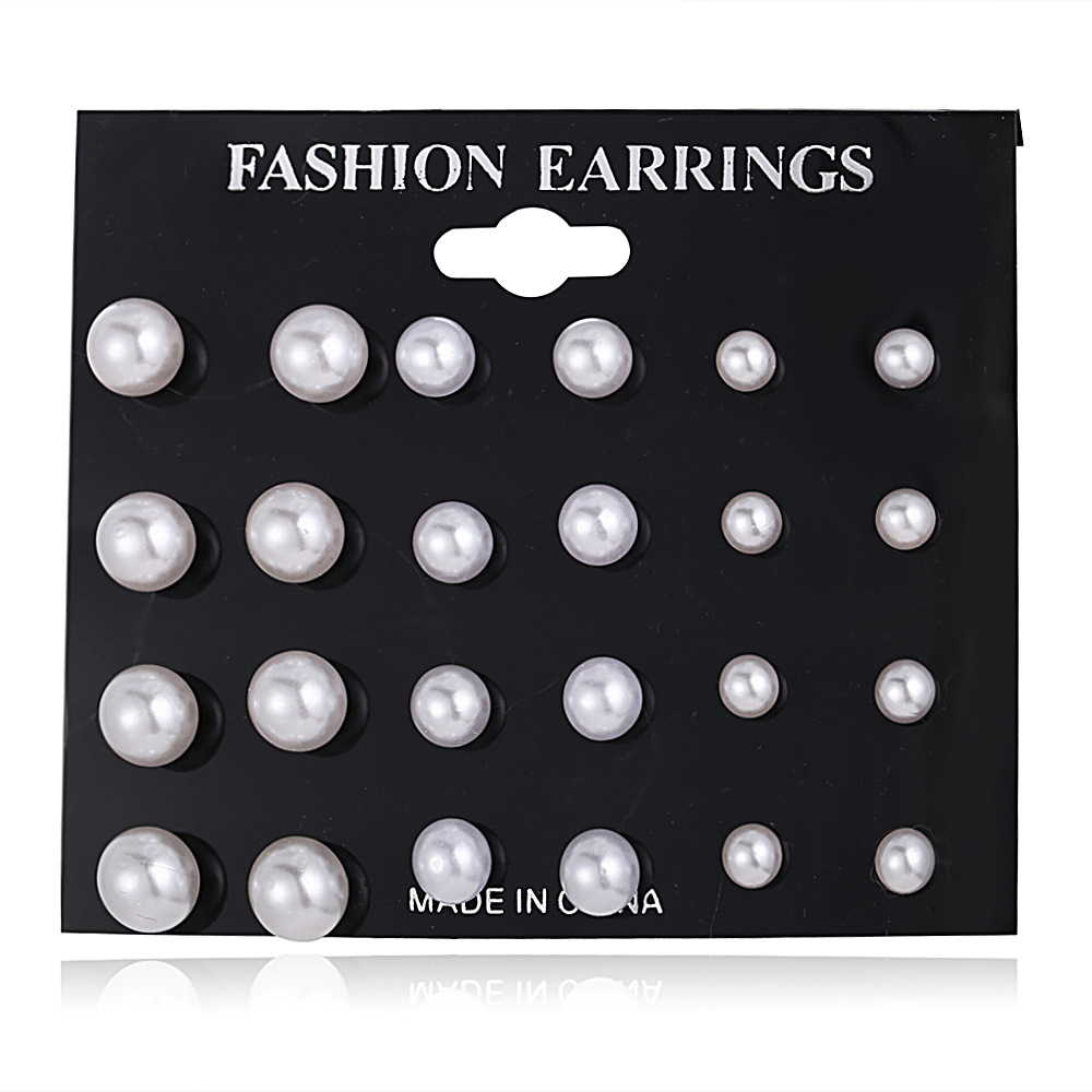 A new set of 12 pairs of cross-border artificial pearl stud earrings from Europe and America, featuring classic, retro, simple and fashionable style full figure