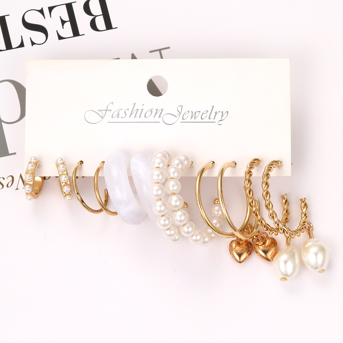 European and American cross-border retro pearl earring personalized C-shaped resin earring set 6-piece Earring set Specification drawing