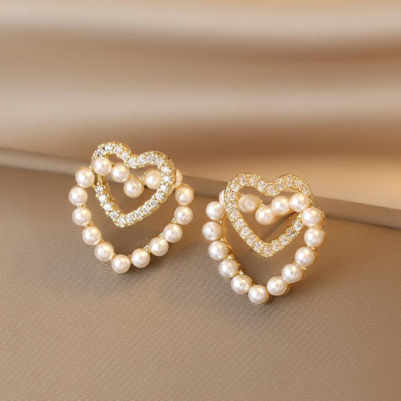 S925 Silver Needle Korean Double Heart Pearl Earrings, Little Chanel style, fashionable and internet-famous style earrings, stud earrings for women details Picture
