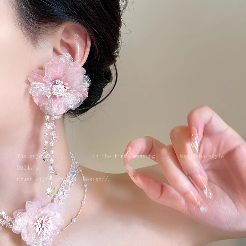 Vacation-style romantic pink crystal flower pearl earrings for women, a light luxury and high-end feel, super ethereal dopamine temperament earrings Specification drawing