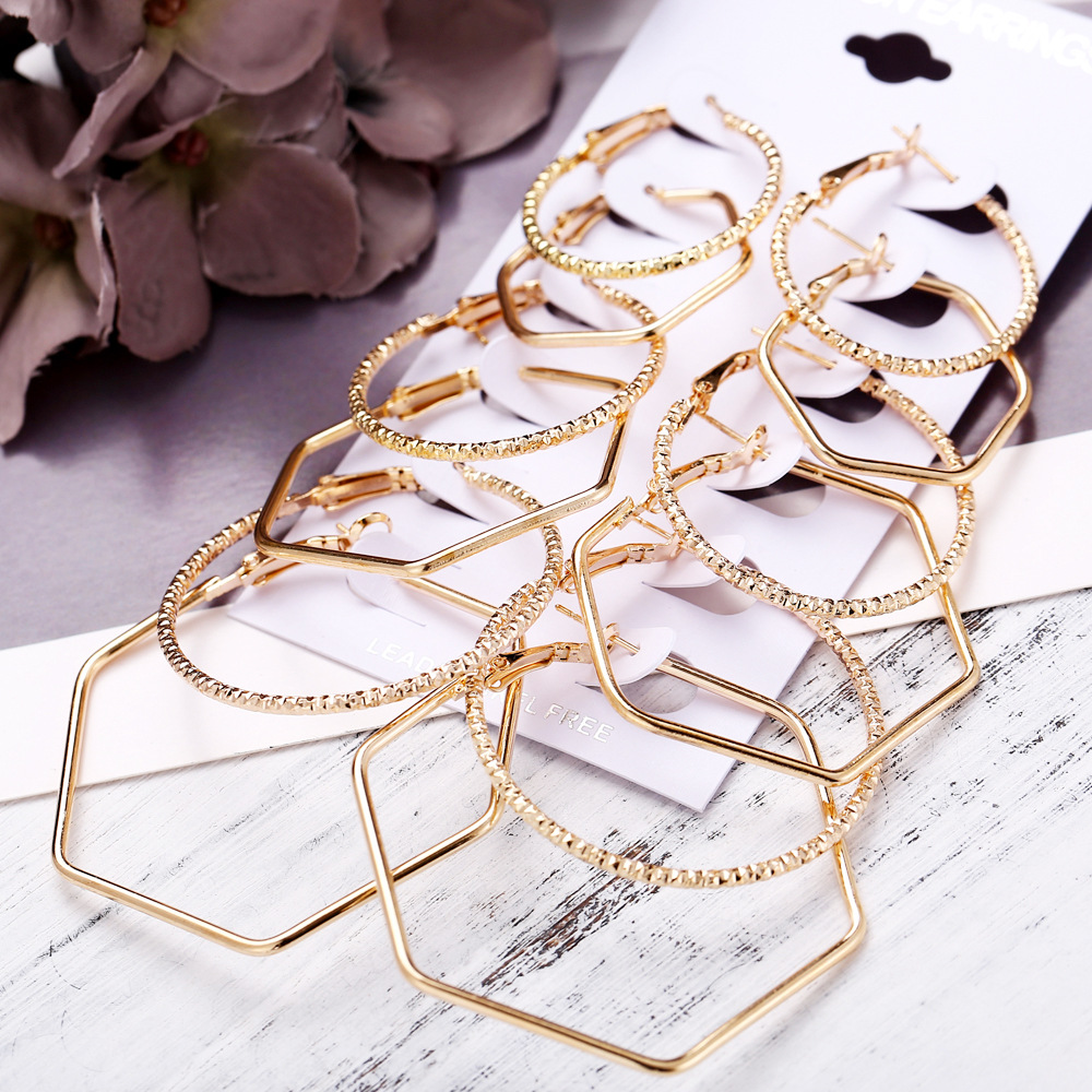 A new cross-border European and American rock exaggerated ear ring geometric polygonal 6-piece set of stud earrings and a personalized earring combination full figure