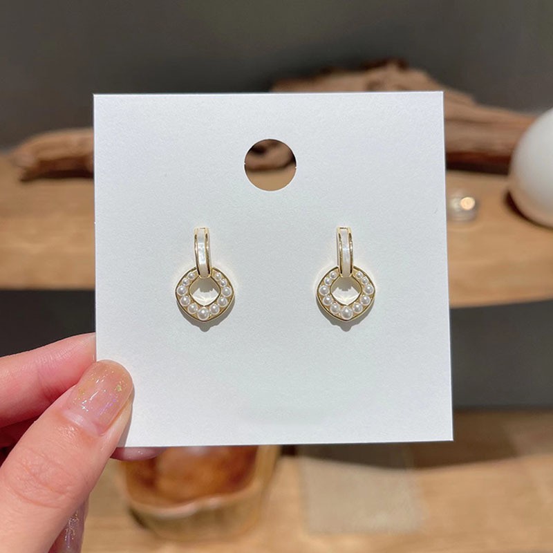 S925 Silver needle Korean version Dongdaemun style simple and elegant pearl geometric ring earrings, trendy and sweet style stud earrings full figure