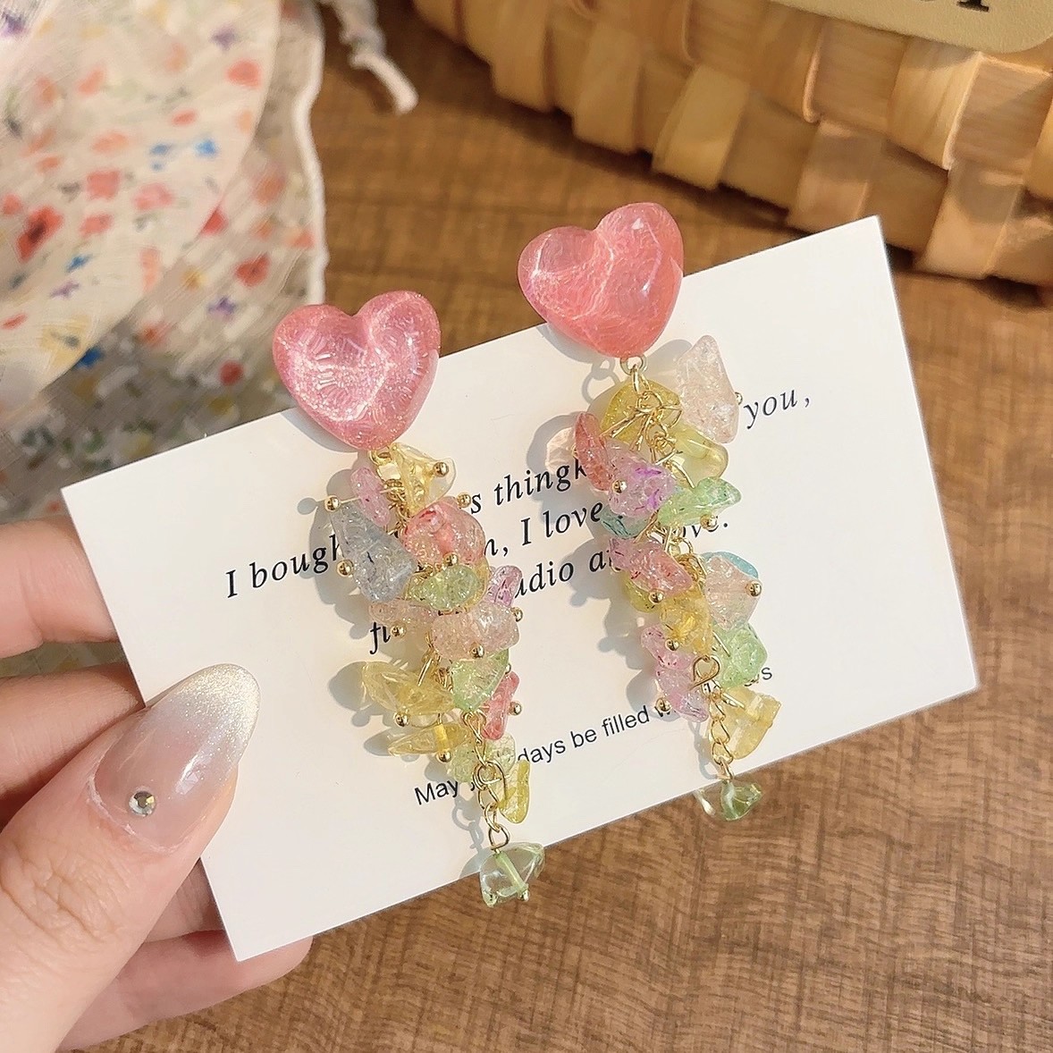 Summer colorful heart-shaped diamond tassel earrings, a niche design sense, women's 2025 new style bestseller seaside earrings details Picture